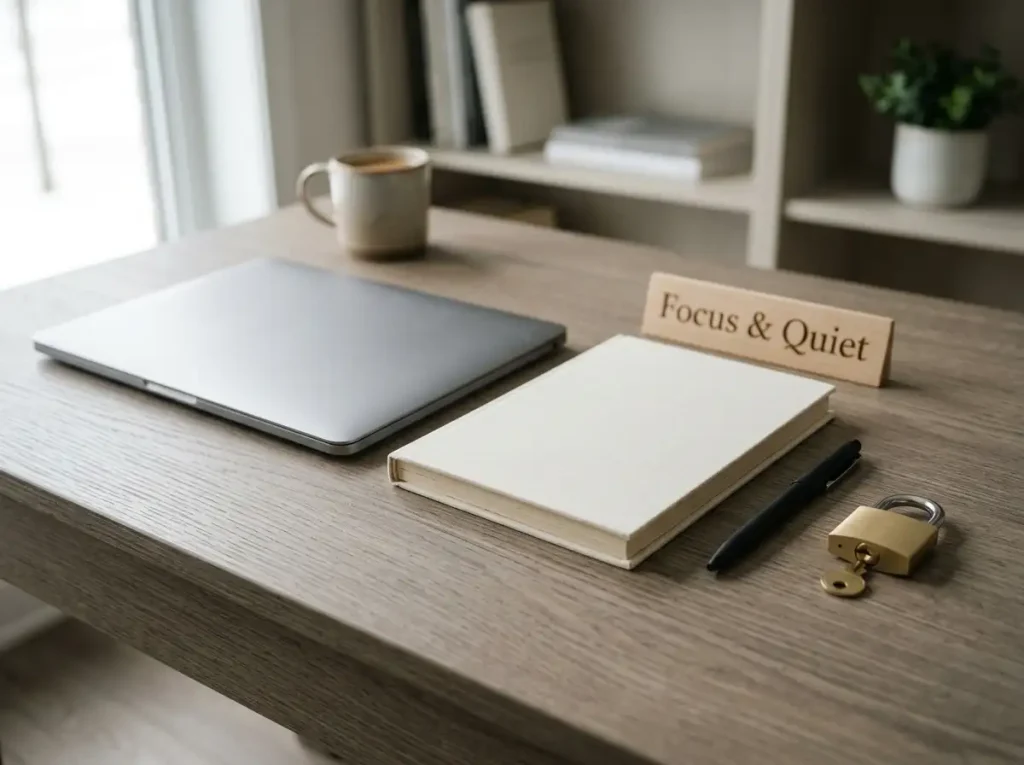 A closed laptop beside a blank notebook, pen and simple unmarked padlock