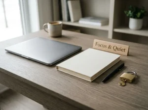 A closed laptop beside a blank notebook, pen and simple unmarked padlock