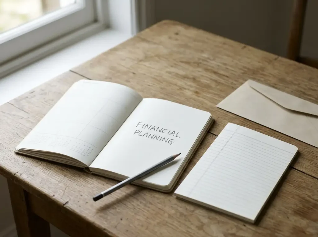An open blank calendar next to an unmarked ledger and a pencil on a desk