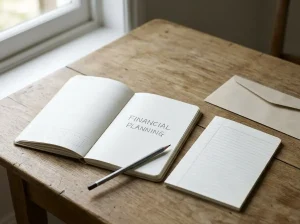An open blank calendar next to an unmarked ledger and a pencil on a desk