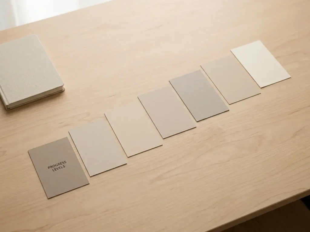 Seven unmarked matte cards arranged in ascending overlapping rows on a wooden desk