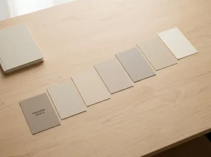 Seven unmarked matte cards arranged in ascending overlapping rows on a wooden desk