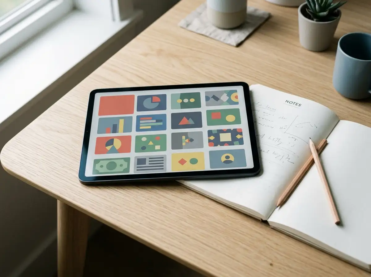 A tablet displaying abstract game tiles on a desk beside a notebook