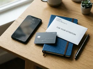 A payment card, smartphone and notebook placed on a tidy desk