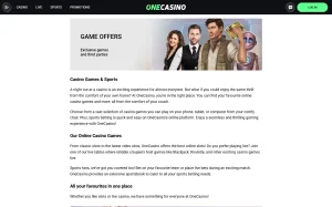 OneCasino games information page with casino game categories in a browser