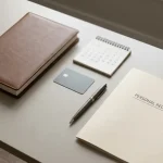 A blank payment ledger beside a desk calendar and an unmarked bank card