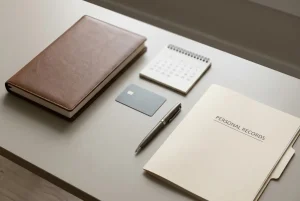 A blank payment ledger beside a desk calendar and an unmarked bank card
